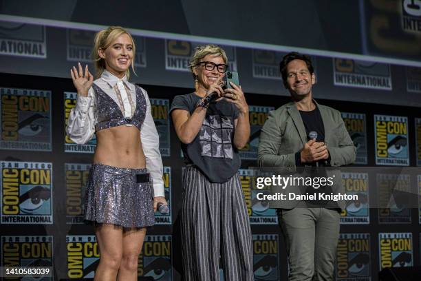 Kathryn Newton, Evangeline Lilly, and Paul Rudd speak onstage at the Marvel Cinematic Universe Mega-Panel during 2022 Comic-Con International Day 3...