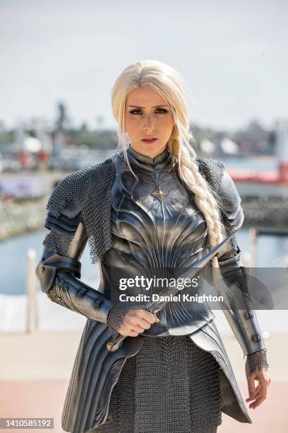 Lord of the Rings cosplayer Dominica Jordan of Sunday Slays Cosplay as Gladriel poses for photos at 2022 Comic-Con International Day 3 at San Diego...