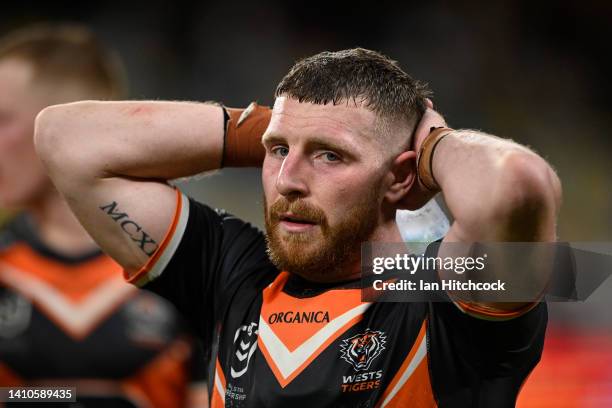 Jackson Hastings of the Tigers looks dejected after losing the round 19 NRL match between the North Queensland Cowboys and the Wests Tigers at Qld...