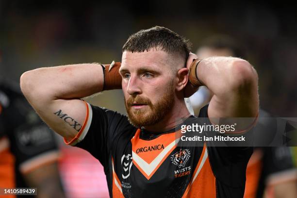 Jackson Hastings of the Tigers looks dejected after losing the round 19 NRL match between the North Queensland Cowboys and the Wests Tigers at Qld...