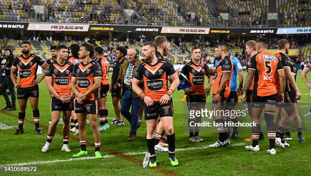 The Tigers look dejected after losing the round 19 NRL match between the North Queensland Cowboys and the Wests Tigers at Qld Country Bank Stadium,...