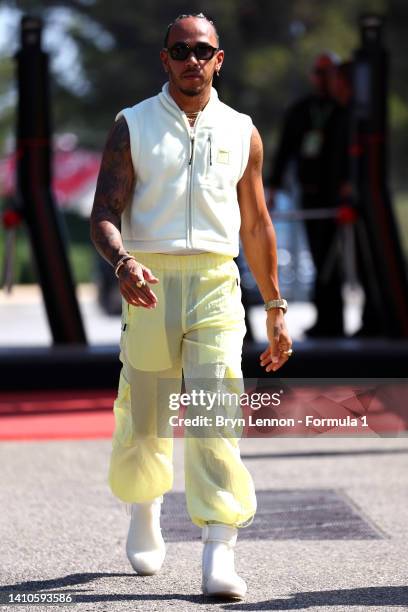 Lewis Hamilton of Great Britain and Mercedes walks in the Paddock ahead of the F1 Grand Prix of France at Circuit Paul Ricard on July 24, 2022 in Le...