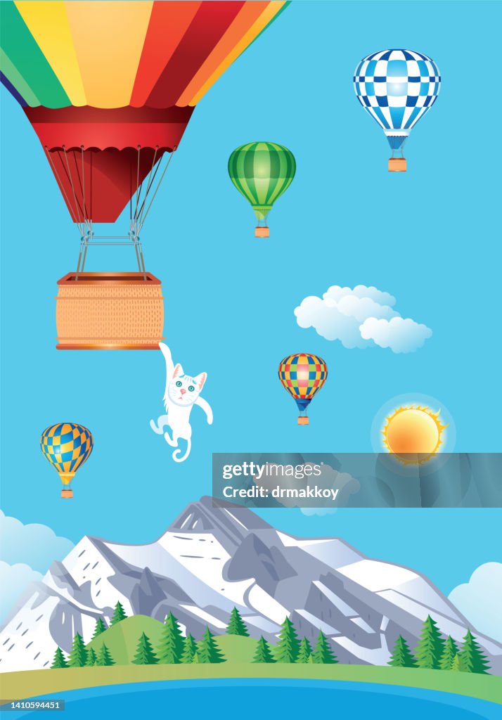 Cute cat catching hot air Balloon with paw