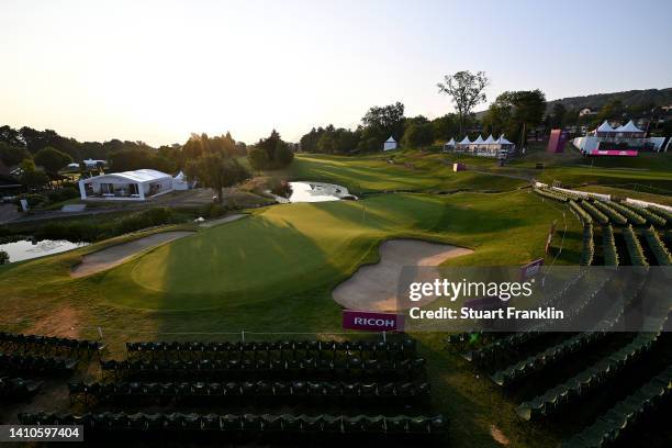 General view of the 18th green during day four of The Amundi Evian Championship at Evian Resort Golf Club on July 24, 2022 in Evian-les-Bains, France.