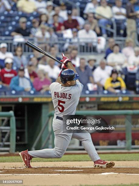 Albert Pujols of the St. Louis Cardinals bats against the Pittsburgh Pirates during a Major League Baseball game at PNC Park on June 3, 2004 in...