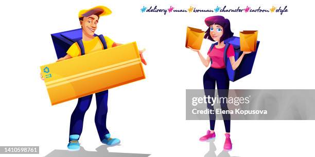 home delivery, courier mail and e-commerce web template in cartoon style. cartoon character of a girl courier and a male courier with parcels on an isolated white background. online order infographics, web page, app design. - care package stock illustrations