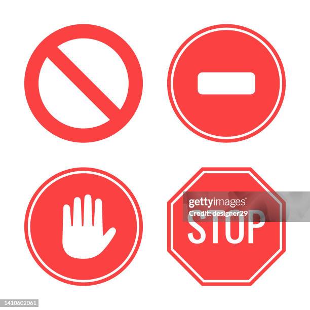 illustrations, cliparts, dessins animés et icônes de aucun panneau et icône de panneau d’arrêt défini à plat sur fond blanc. - interdiction