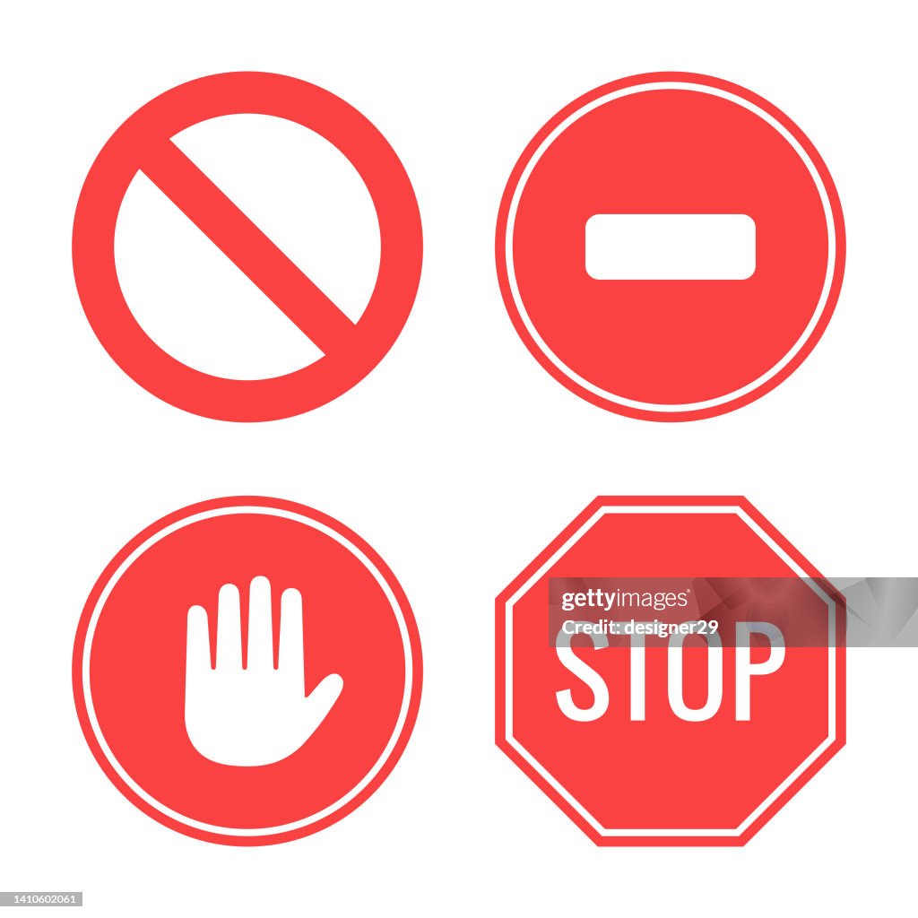 No Sign and Stop Sign Icon Set Flat Design on White Background.