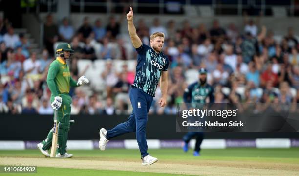 David Willey of England celebrates after he gets Janneman Malan of South Africa out during the 3rd Royal London Series One Day International match...