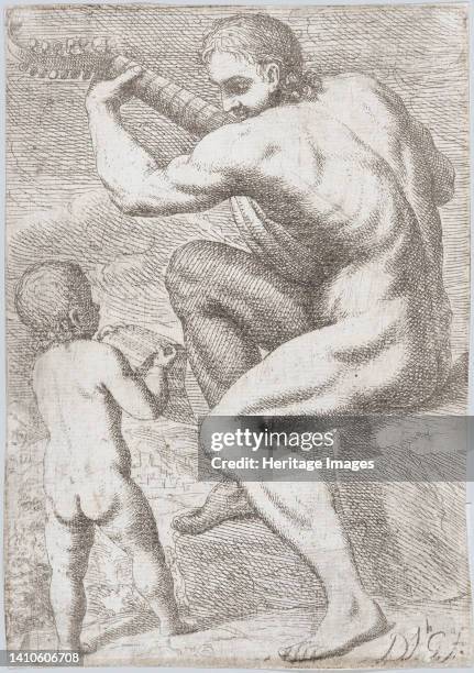 Study of a naked man playing a vihuela, a child holding a sheet of music at the left, from the 'Principios para estudiar el Nobilísimo y Real arte de...