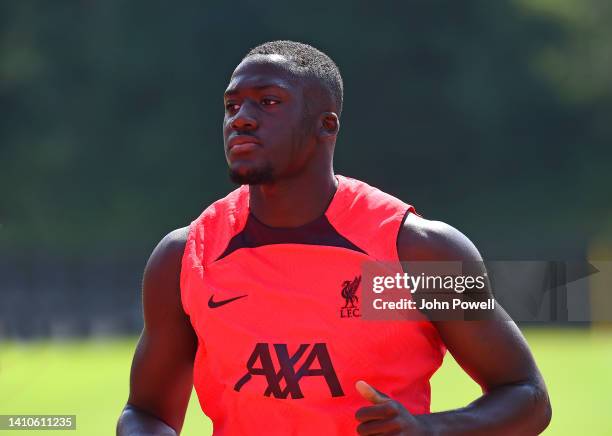 Ibrahima Konate of Liverpool during the Liverpool pre-season training camp on July 24, 2022 in UNSPECIFIED, Austria.
