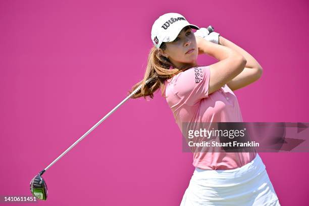 Sophia Schubert of United States plays her tee shot on the first hole during day four of The Amundi Evian Championship at Evian Resort Golf Club on...