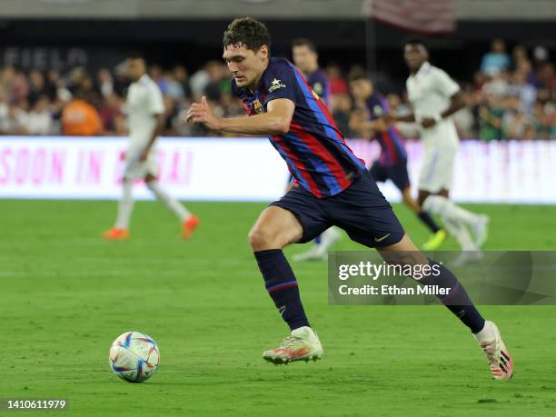 Andreas Christensen of Barcelona dribbles the ball against Real Madrid during their preseason friendly match at Allegiant Stadium on July 23, 2022 in...