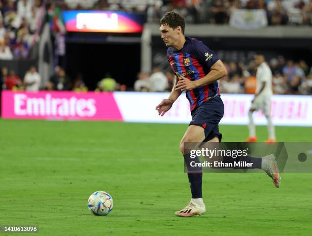 Andreas Christensen of Barcelona dribbles the ball against Real Madrid during their preseason friendly match at Allegiant Stadium on July 23, 2022 in...
