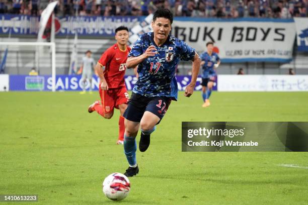 Ryo Miyaichi of Japan in action during the EAFF E-1 Football Championship match between Japan and China at Toyota Stadium on July 24, 2022 in Toyota,...