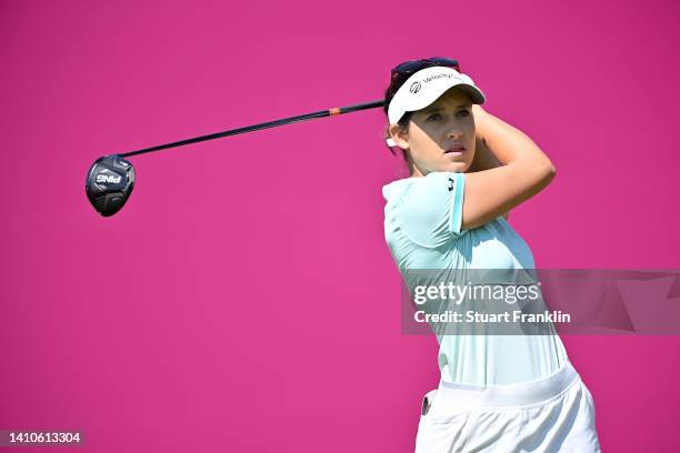 Albane Valenzuela of Switzerland plays her tee shot on the first hole during day four of The Amundi Evian Championship at Evian Resort Golf Club on...