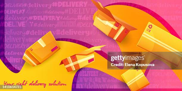fast delivery and e-commerce concept. cardboard boxes with symbols on a stylish abstract color background. online order infographics, web page, app design. - care package stock illustrations
