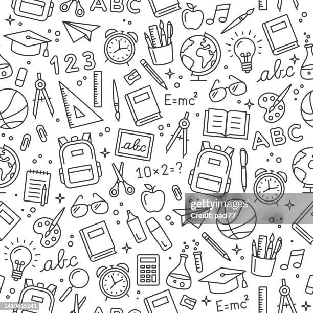 ilustraciones, imágenes clip art, dibujos animados e iconos de stock de patrón sin fisuras del icono de la escuela. ilustración vectorial - edificio escolar