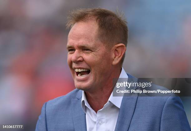 Shaun Pollock working for Sky Sports laughs before the third One Day International between England and South Africa at Headingley on July 24, 2022 in...