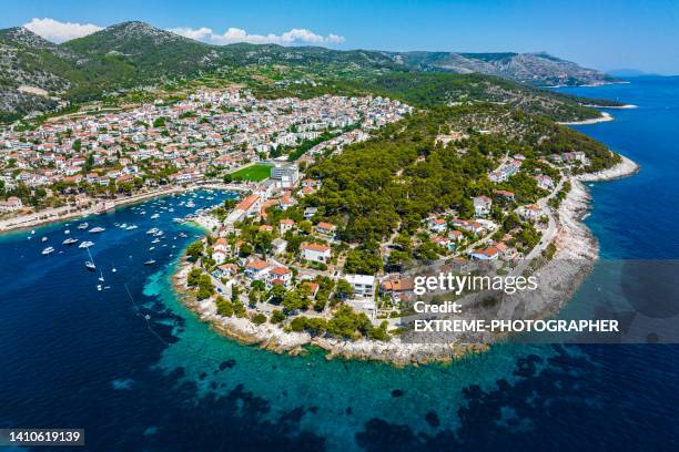 hvar old town seen from a drone point of view during one sunny summer day on the adriatic coast - hvar stock pictures, royalty-free photos & images