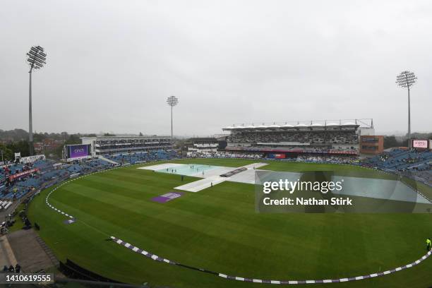 General view of the covers as rain delays play during the 3rd Royal London Series One Day International match between England and South Africa at...