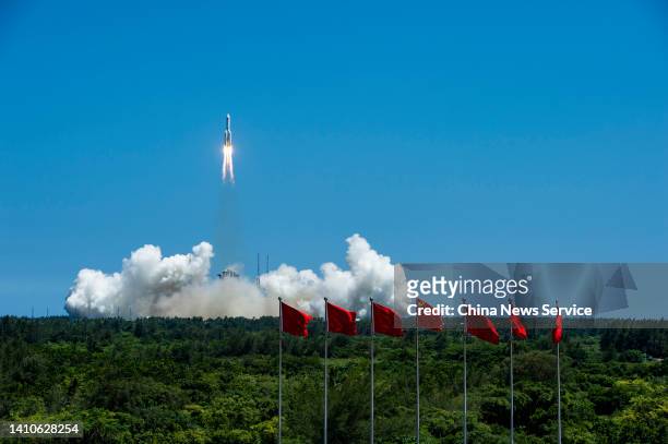 Long March-5B Y3 rocket carrying China's space station lab module Wentian blasts off from Wenchang Spacecraft Launch Site on July 24, 2022 in...