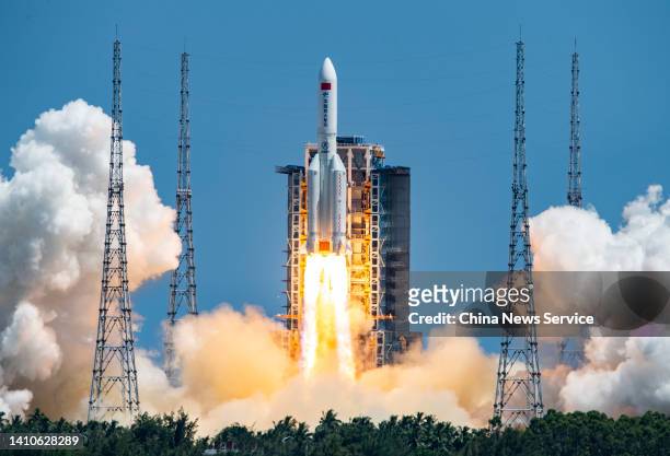 Long March-5B Y3 rocket carrying China's space station lab module Wentian blasts off from Wenchang Spacecraft Launch Site on July 24, 2022 in...