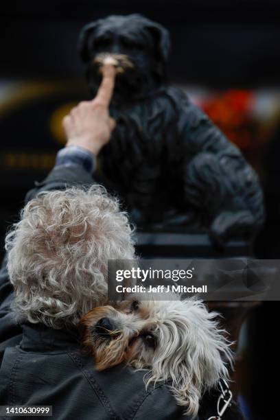 Members of the Dandie Dinmont Terrier Club gather at the statue of Greyfriars Bobby on July 24, 2022 in Edinburgh, Scotland. Mike Macbeth from Canada...