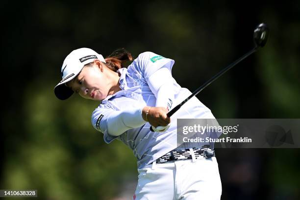 Mao Saigo of Japan plays her tee shot on the eighteenth hole during day four of The Amundi Evian Championship at Evian Resort Golf Club on July 24,...