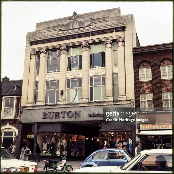 Burton, 1-3 High Road, Wood Green, Haringey, Greater London Authority, 1976-1989. The Burton store at 1-3 High Road, with tall pilasters crowned by...