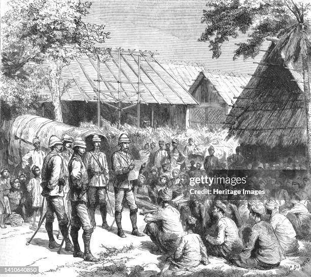 Captain Eyre, Political Officer, reading the Proclamation to the Natives after the action at Koolee Gyoung. The Expedition to Upper Burma', 1886....