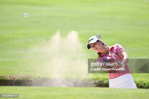 Sophia Schubert of United States plays her second shot from the bunker on the fifthteen hole during day four of The Amundi Evian Championship at...