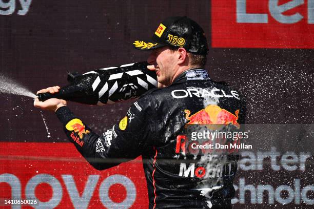 Race winner Max Verstappen of the Netherlands and Oracle Red Bull Racing celebrates on the podium during the F1 Grand Prix of France at Circuit Paul...