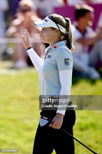 Brooke M. Henderson of Canada celebrates after winning the The Amundi Evian Championship at the eighteenth hole during day four of The Amundi Evian...