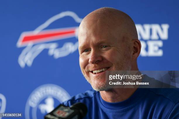 Sean McDermott of the Buffalo Bills speaks during a press conference during Bills training camp at Saint John Fisher University on July 24, 2022 in...