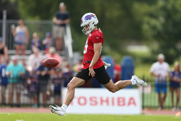 Matt Araiza of the Buffalo Bills punts during Bills training camp at Saint John Fisher University on July 24, 2022 in Pittsford, New York.