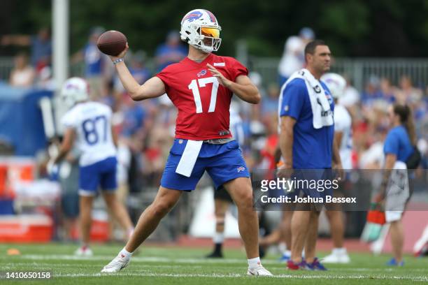 Josh Allen of the Buffalo Bills throws during Bills training camp at Saint John Fisher University on July 24, 2022 in Pittsford, New York.