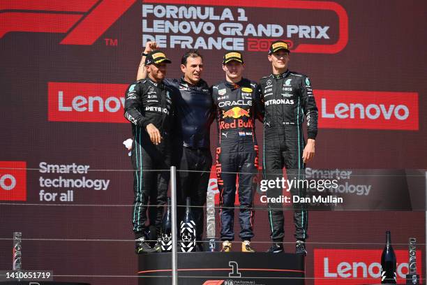 Race winner Max Verstappen of the Netherlands and Oracle Red Bull Racing , Second placed Lewis Hamilton of Great Britain and Mercedes , Third placed...