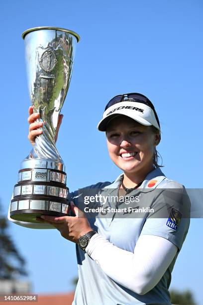 Brooke M. Henderson of Canada lift the trophy after winning the The Amundi Evian Championship during day four of The Amundi Evian Championship at...