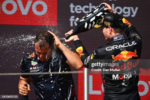 Race winner Max Verstappen of the Netherlands and Oracle Red Bull Racing and Pierre Wache, Chief Engineer of Performance Engineering at Red Bull...