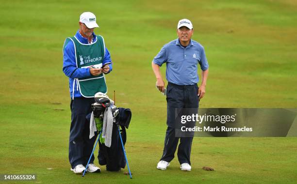 Charlie Wi of Korea plays his second shot at the 1st hole during Day Four of The Senior Open Presented by Rolex at The King's Course at Gleneagles on...