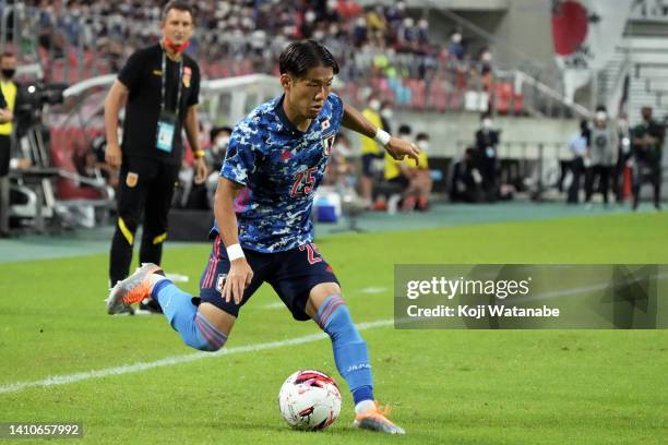 Ryuta Koike of Japan in action during the EAFF E-1 Football Championship match between Japan and China at Toyota Stadium on July 24, 2022 in Toyota,...