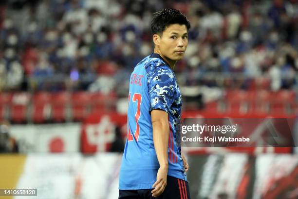 Ryo Miyaichi of Japan looks on during the EAFF E-1 Football Championship match between Japan and China at Toyota Stadium on July 24, 2022 in Toyota,...