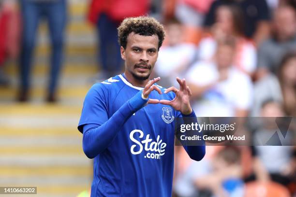 Dele Alli of Everton celebrates after scoring their side's fourth goal during the Pre-Season Friendly match between Blackpool and Everton at...