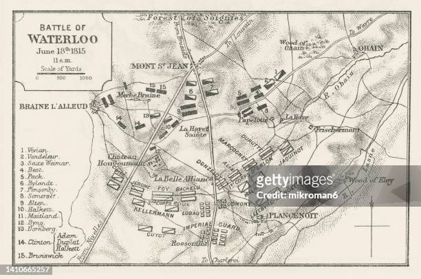 old engraved map of battle of waterloo (18 june 1815) - battlefield stockfoto's en -beelden