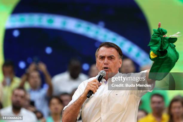 President of Brazil Jair Bolsonaro speaks during the Liberal Party national convention where he was officially appointed as candidate for re-election...