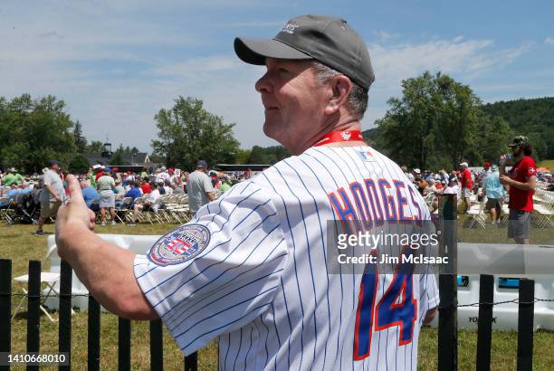 Baseball fan Mike Mansfield of Saratoga Springs attends the Baseball Hall of Fame induction ceremony in support of the late Gil Hodges at Clark...