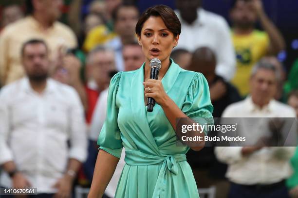 Michelle Bolsonaro speaks during the Liberal Party national convention where President of Brazil Jair Bolsonaro was officially appointed as candidate...