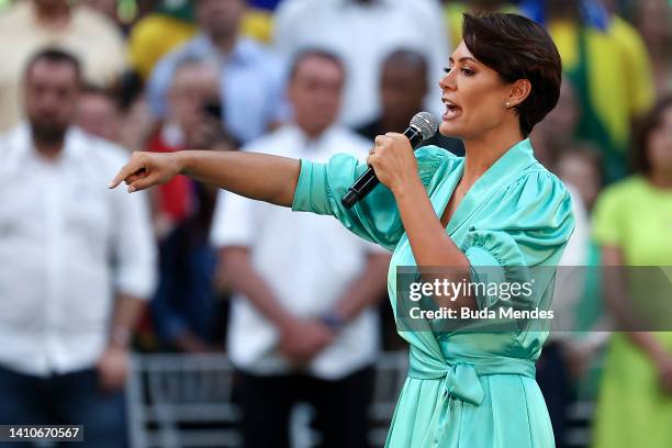 Michelle Bolsonaro speaks during the Liberal Party national convention where President of Brazil Jair Bolsonaro was officially appointed as candidate...