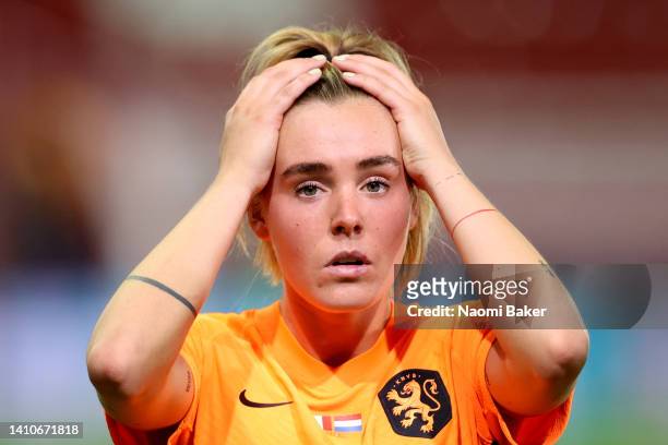Jill Roord of The Netherlands reacts after her team's defeat during the UEFA Women's Euro England 2022 Quarter Final match between France and...